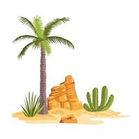 Desert landscape in flat design. Palm tree, green cactus and grass by rocks. illustration isolated. vector
