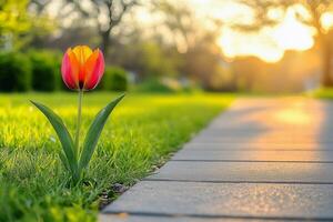 Single tulip flower on a path during sunset in a garden photo