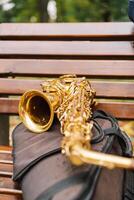 A saxophonist performs in a serene park during autumn while seated on a bench photo