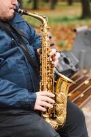 A saxophonist performs in a serene park during autumn while seated on a bench photo