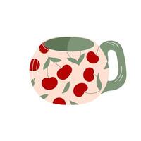 Charming tea cup with cherry and leaf ornament in flat style. Isolated on a white background. vector