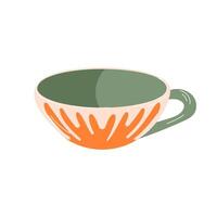 Modern ceramic tea mug in flat style. Porcelain coffee or tea cup with orange abstract ornament and green handle. illustration of tableware isolated on white background. vector