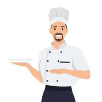 Young chef holds an empty empty round plate with a place for food. vector