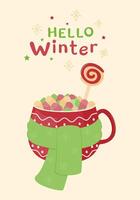 Greeting card with cocoa with marshmallows and candy in a red cup tied with a warm scarf. vector