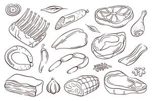 Meat set in line art style. Various collection of meat products like ham, chicken, beef, sausage, salami, pork. Design for banner, menu, flyer and butcher shop or store. vector