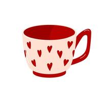 Tea or coffee cup with heart for Valentines day in flat style. Ceramic crockery with trendy ornament for enchanting romantic themes isolated on a white background. vector