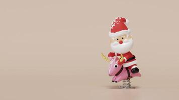 3d santa claus with playground reindeer spring rider isolated on blue background. merry christmas, happy new year, 3d render illustration video
