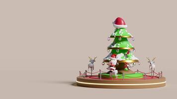 Carousel or merry go round with santa claus, reindeer, christmas tree, snow, ornaments isolated on beige background. merry christmas and happy new year, 3d render illustration video