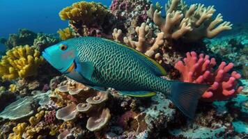 A vibrant underwater scene featuring a colorful fish among coral reefs. photo