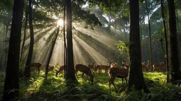 A serene forest scene with deer grazing under sun rays filtering through the trees. photo