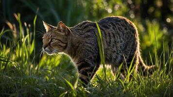 A wild cat stealthily moving through tall grass in a natural setting. photo