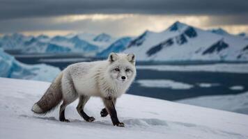A solitary arctic fox walks across a snowy landscape with mountains in the background. photo