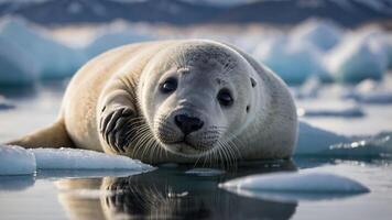 A seal resting on ice in a tranquil arctic setting, showcasing wildlife and nature's beauty. photo