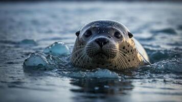 A close-up of a seal swimming in water, showcasing its curious expression. photo