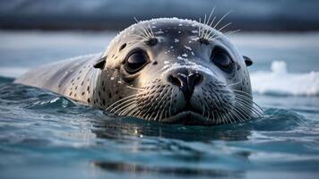 A close-up of a seal swimming in icy water with snowflakes on its nose. photo