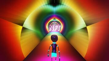 Dummy mannequin walking in glowing portal. VJ Seamless loop, NFT concept. 3d render video