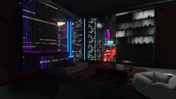 DEFOCUSED LOOPED BACKGROUND - view from apartments on night city with skyscrapers and lights. Seamless loop. 3d render. video