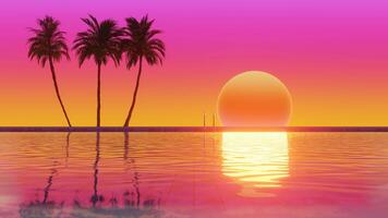 Private swimming pool with Palm trees at sunset time. 3d Synthwave animated background. Seamless loop. video