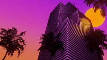 Skyscraper at sunset with tropical palms. 3d Synthwave style animated background. Seamless loop. video