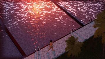 Top view of woman walking along poolside. 3d Synthwave animated background. Seamless loop. video