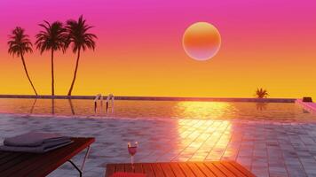 Private swimming pool with Palm trees at sunset time. 3d Synthwave animated background. Seamless loop. video