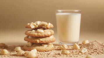 A tower of four freshly baked cookies sits next to a tall glass of milk. Crumbled cookie pieces surround the setup, creating a cozy, inviting atmosphere perfect for snack time. photo