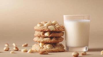 A stack of freshly baked macadamia nut cookies sits beside a transparent glass of milk. The soft cookies are garnished with whole nuts, creating an inviting and delicious dessert display. photo