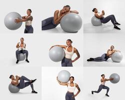 A fitness enthusiast black lady demonstrates various exercises with stability balls, showcasing strength and flexibility in a bright and spacious studio. photo