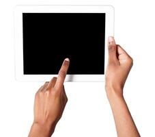 Holding and pointing to blank screen on digital tablet. African-american female hands using device with blank screen, copy space for advertisement, isolated on white background photo