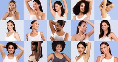 A group of women with diverse looks and hairstyles display unique poses, radiating confidence in front of soft pastel backgrounds. The setting highlights individuality and self-expression. photo