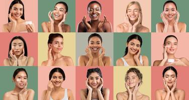 A vibrant collage showcases women of various backgrounds applying skincare products with joy, highlighting their beauty and unique routines in a colorful studio environment. photo