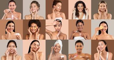 A diverse group of women showcases their skincare routines, engaging in different activities like applying products, smiling, and enjoying self-care moments under even lighting. photo