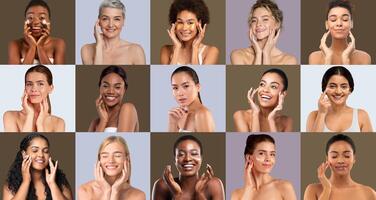 A vibrant assembly of women from various backgrounds demonstrate their skincare routines, each expressing joy and confidence while caring for their skin in a harmonious setting. photo