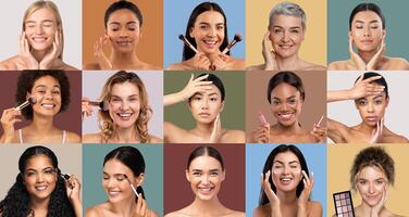 A vibrant collage features women of various backgrounds applying makeup and smiling. Each person demonstrates a unique technique, highlighting beauty diversity and creativity in a joyful manner. photo
