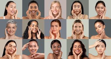 A collection of diverse women demonstrating their skincare routines. Each individual displays a joyful expression while gently applying products, highlighting different skin types and ages. photo