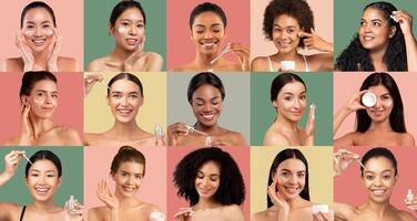 A collection of women with various skin tones demonstrates their skincare routines using different products in a colorful setup. Each woman displays unique expressions and techniques for glowing skin. photo