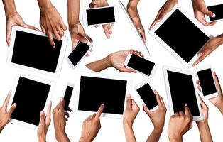 Set of black male hands touching smartphone and tablet display and pointing with index finger on blank screen, white isolated background. Communication concept photo
