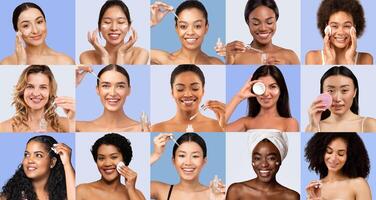 A diverse group of women enjoys their skincare routines, each showcasing different products and techniques for achieving radiant skin. The mood is joyful and engaging, highlighting self-care. photo