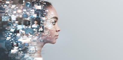 Creative ideas, knowledge and skills of person in social network. Profile african american girl overlap a lot of photos, isolated on gray background photo
