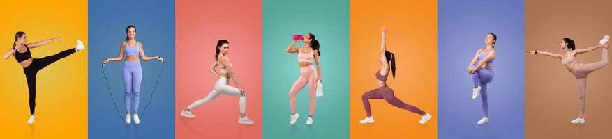 A series of fitness poses captures a woman engaged in various strength and flexibility exercises, set against vibrant colored backdrops, highlighting her athleticism and dedication. photo