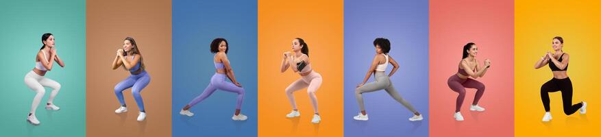 A group of women demonstrates different squat exercises in stylish workout attire. Each participant showcases a unique form, highlighting fitness and strength against vibrant backdrops. photo