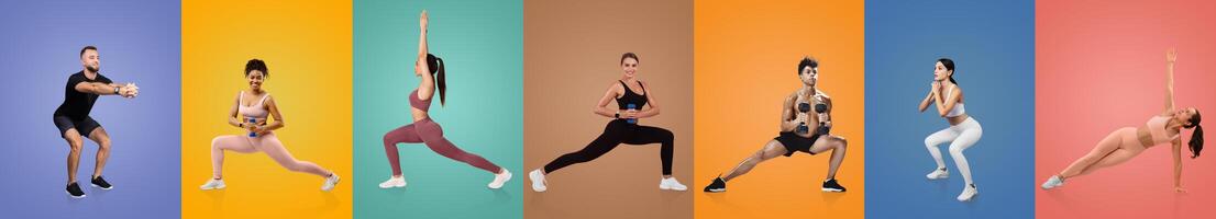 A diverse group of individuals showcases different exercises in a vibrant workout setting. Each person highlights a unique fitness pose, emphasizing strength and flexibility. photo
