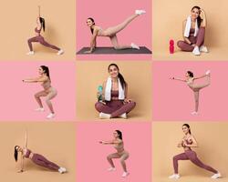A fitness enthusiast showcases a range of workout poses on a mat, surrounded by pink and beige backgrounds. She is focused on stretching, balancing, and strength exercises. photo