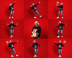 A joyful black guy wearing a Santa hat and festive sweater poses against a vibrant red background. He displays various playful expressions while holding wrapped gifts during the holiday season. photo