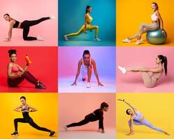 Nine women engage in different workouts across vibrant backgrounds, showcasing strength and flexibility. They demonstrate exercises that promote health and fitness during a lively session. photo