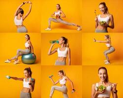 A woman practices various fitness activities and enjoys healthy meals. She engages in exercises like stretching, weightlifting, and yoga while promoting healthy eating habits with colorful dishes. photo