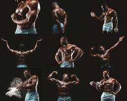 African American fitness model performs various strength exercises, demonstrating his muscular physique and dedication. The dark studio creates a dramatic backdrop for his impressive poses. photo