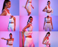 A fitness enthusiast demonstrates different workout poses in stylish athletic wear. The setting features vibrant backgrounds, highlighting the dynamic movement and energy of the session. photo