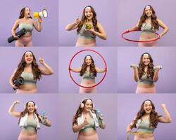 A joyful overweight lady engages in various fitness activities, showcasing enthusiasm while using props like a hula hoop and dumbbells, encouraging a vibrant lifestyle and positivity. photo