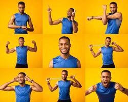 The cheerful young black man performs a series of fitness routines, showcasing strength and agility. His expressions and movements demonstrate enthusiasm for a healthy lifestyle and exercise. photo